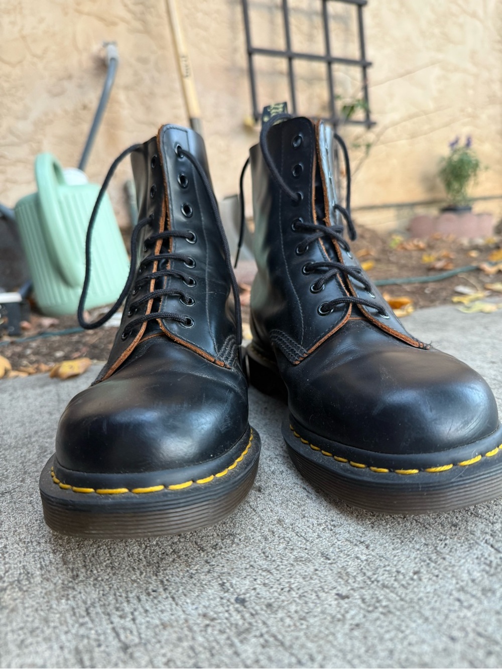 Dr. Martens Black Leather Lace-Up Boots with Yellow Stitching